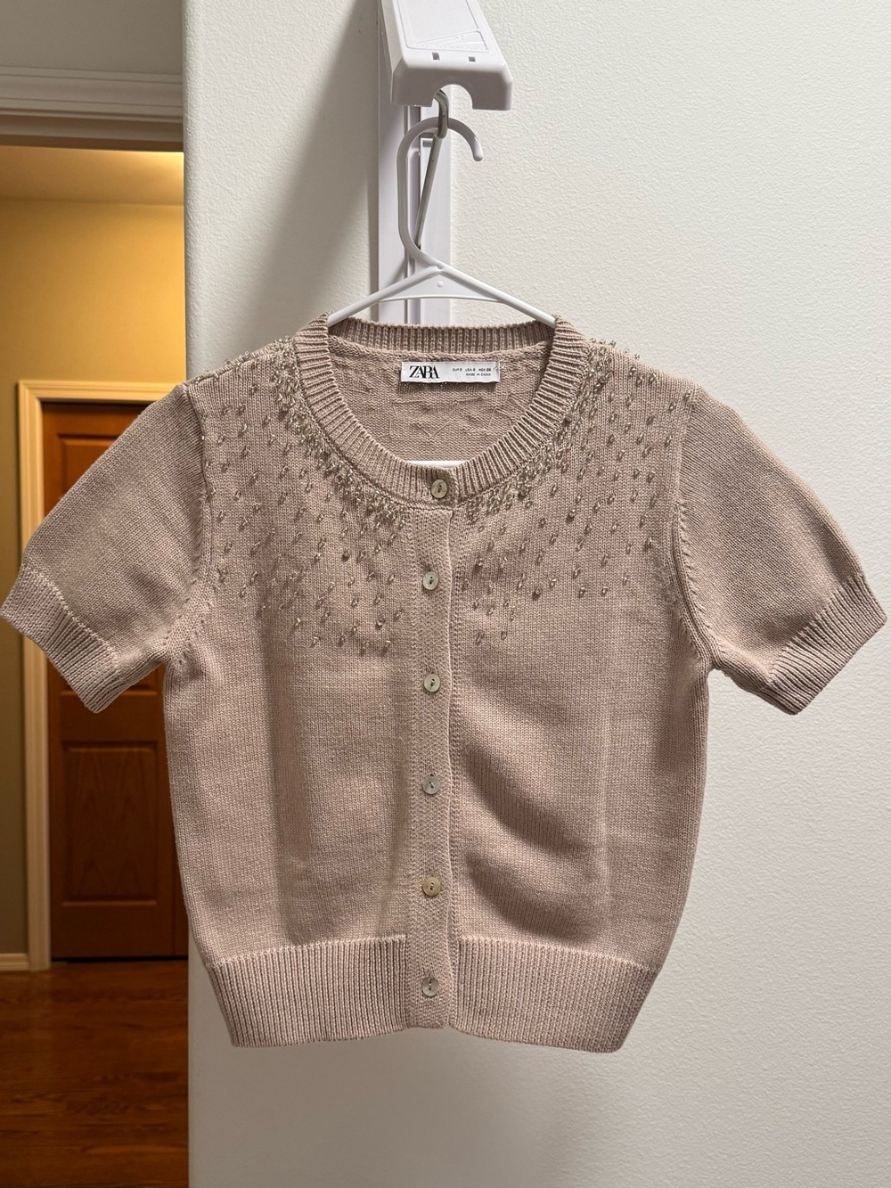 Zara Jewel Beaded Knit Cardigan Beige Short Sleeve Cotton Size S